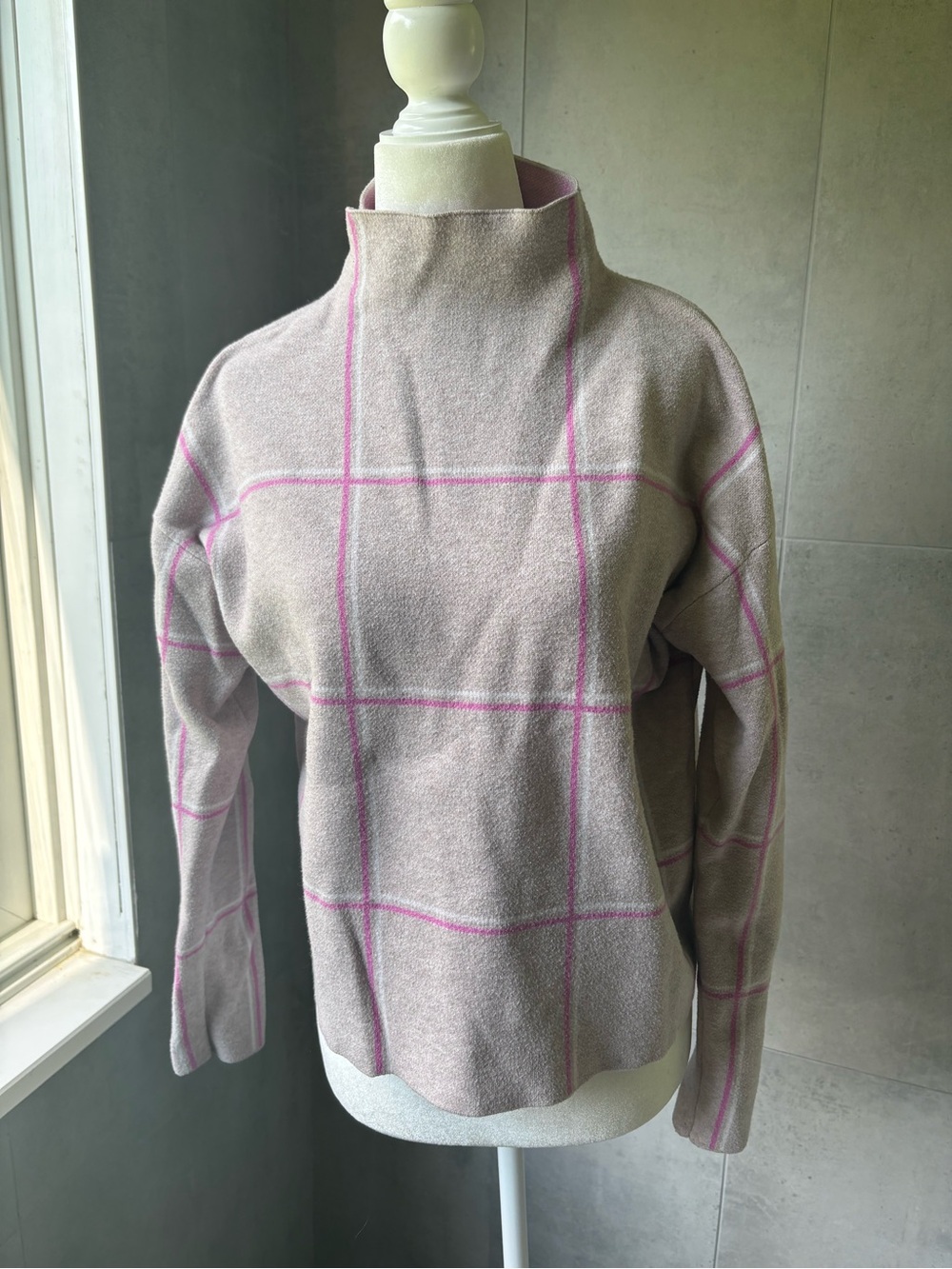 Tahari Dusty Pink Windowpane Mock Neck Sweater with Light Pink Grid